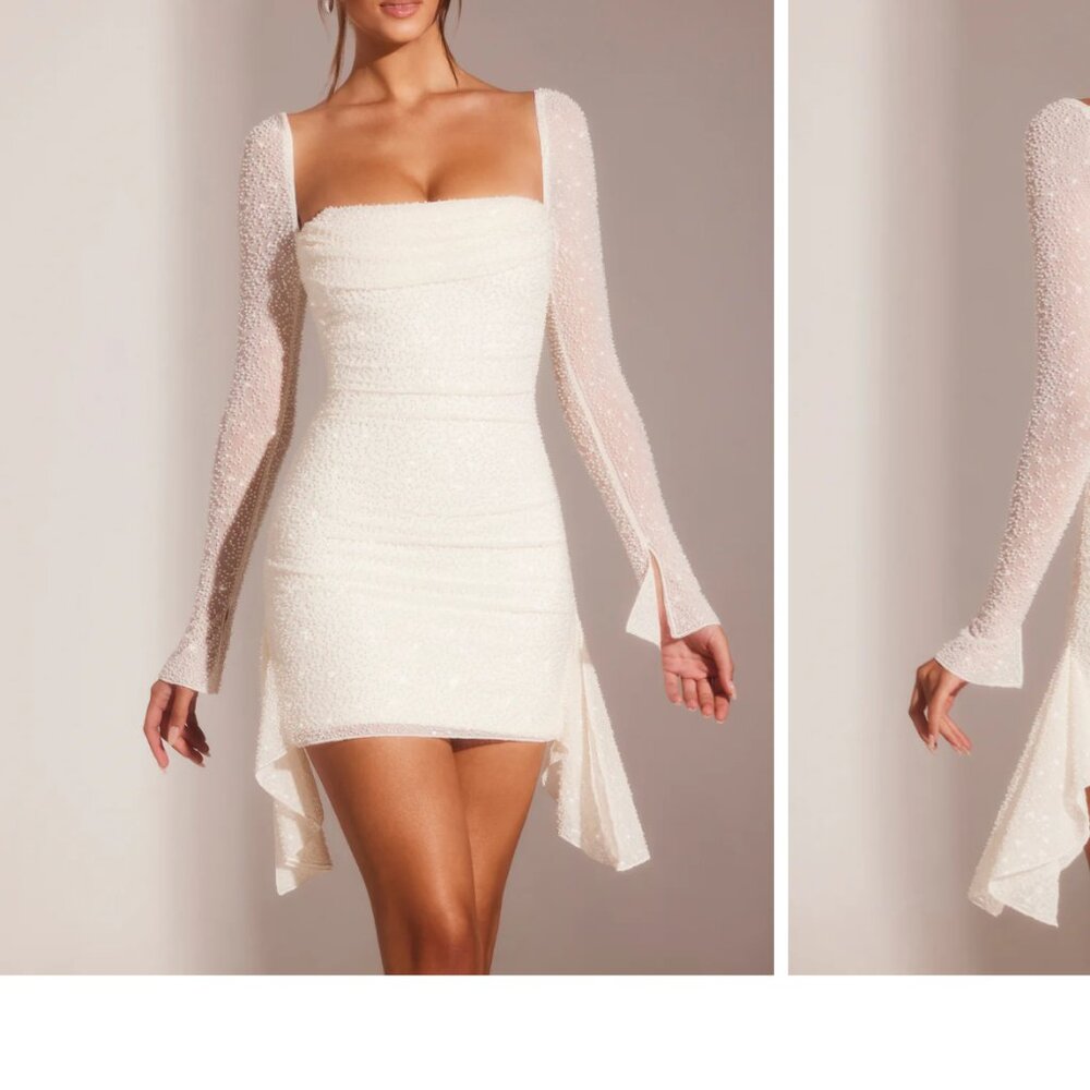 Long Sleeve Embellished Cowl Neck Mini Dress in White